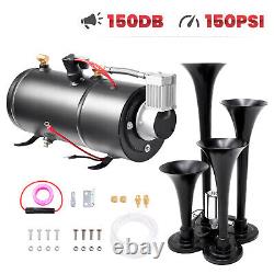 0.8 Gal 4 Trumpet Air Horn Kit 150DB 12V 150psi Air Compressor Tank Black