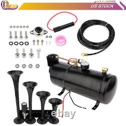 4 Trumpets 1G Air Tank 135dB Black Steel Train Horn Kit For Truck Car 150psi