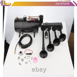 4 Trumpets 1G Air Tank 135dB Black Steel Train Horn Kit For Truck Car 150psi