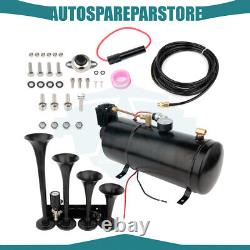 4 Trumpets Black Steel 1G Air Tank 135dB Train Horn Kit For Truck Car 150psi