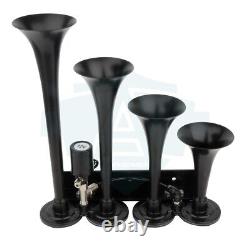 4 Trumpets Black Steel 1G Air Tank 135dB Train Horn Kit For Truck Car 150psi