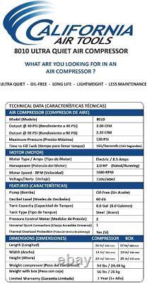 Air Tools Steel Tank Air Compressor Ultra Quiet Oil-Free Portable 1.0 hp, 8 gal