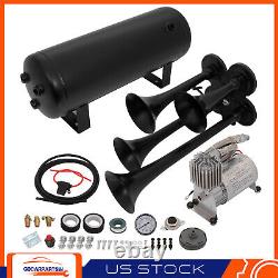 For Car Truck Vans Ship 12Volt 4 Trumpets Train Air Horn Compressor Tank Kit