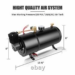 Train Air Horn Kit Full Systems 4 Trumpet 1G Air Tank 150PSI For Truck Pickup