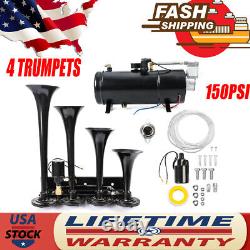 Train Horn Kit For Truck/car/pickup Loud System &1g Air Tank &150psi &4 Trumpets