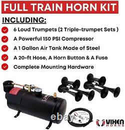 Kit de klaxon de train pour camion/voiture/pickup Système bruyant / réservoir d'air de 1g / 150psi / 6 trompettes
